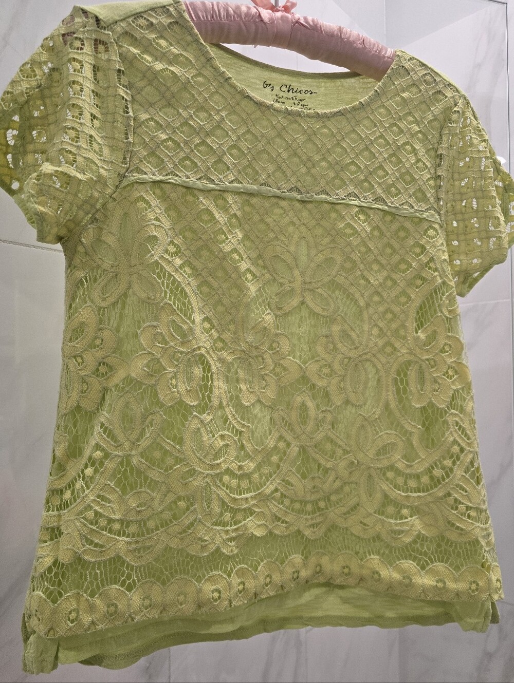 Chico's Neon Lime-Green Open Stitch Floral Lace Overlay Short-Sleeve Blouse. S